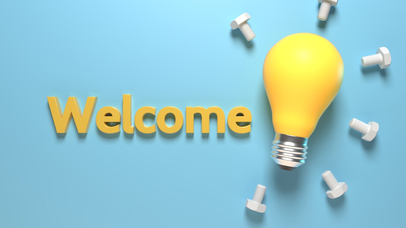 welcomeの文字列と電球オブジェクトの画像